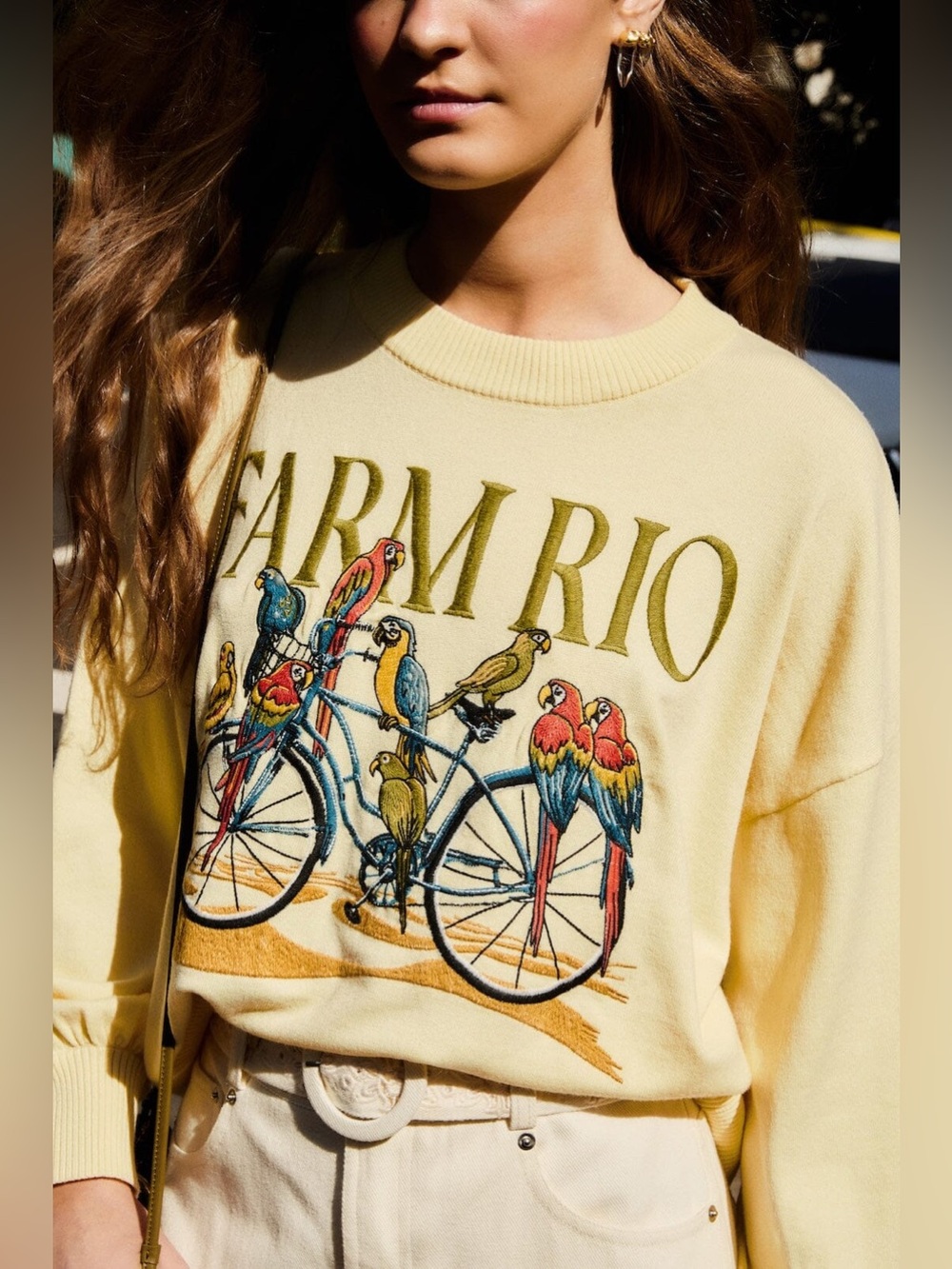 FARM RIO Yellow Birds Bicycle Embroidered Sweater
